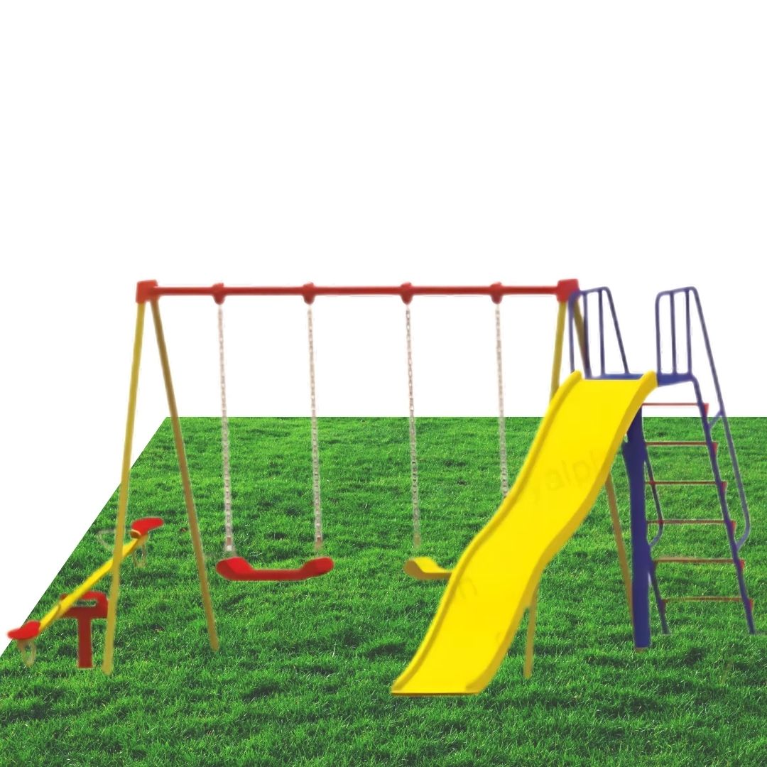 Outdoor playground equipment designed for children’s play areas, including durable, colorful pieces like swings, slides, and see-saws, promoting fun and safe recreational activities.